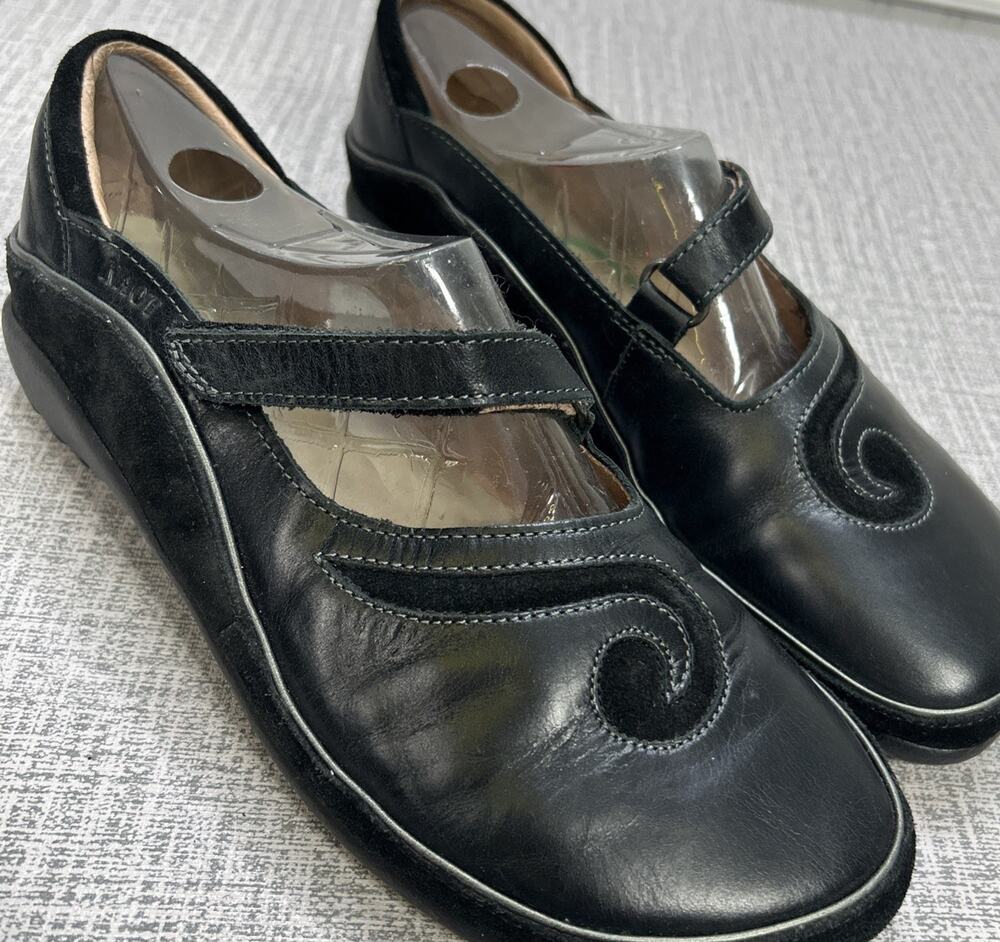 NAOT Matai Black Leather and Suede Swirl Mary Jane Wedge Shoe Women’s Size 39 L8